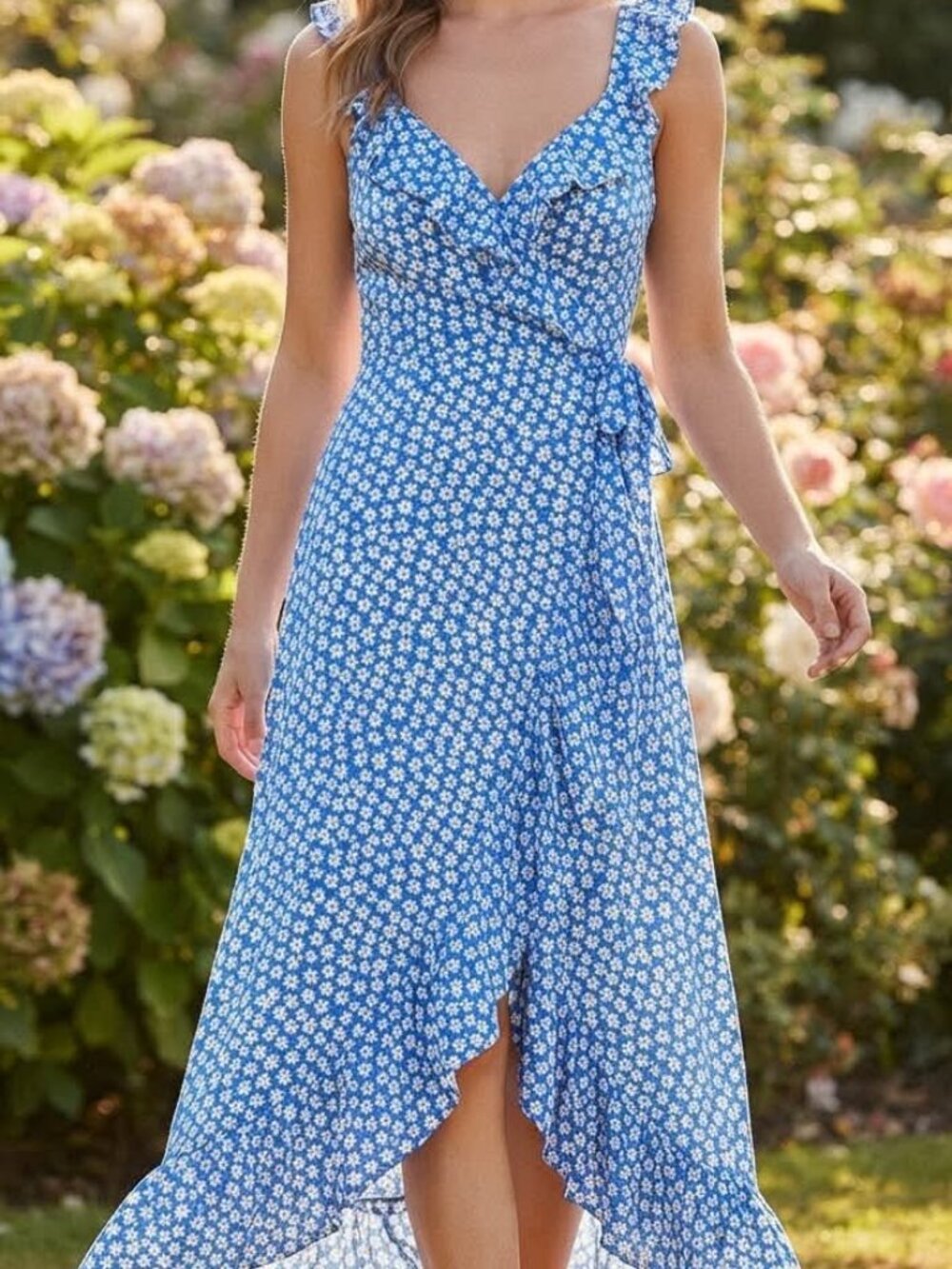 Madewell Blue Daisy Floral Ruffle Wrap Midi Dress